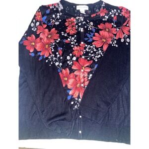 Cathy Daniels Black Floral Print Cardigan Sweater XL Red Flowers Sparkle